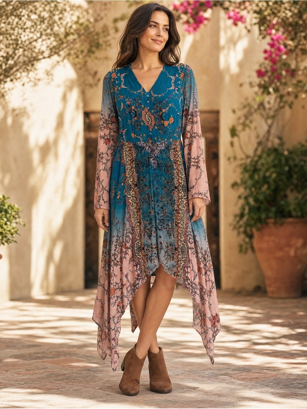 TOLANI COLLECTION Clara dress women’s small asymmetric hem Indian inspired print
